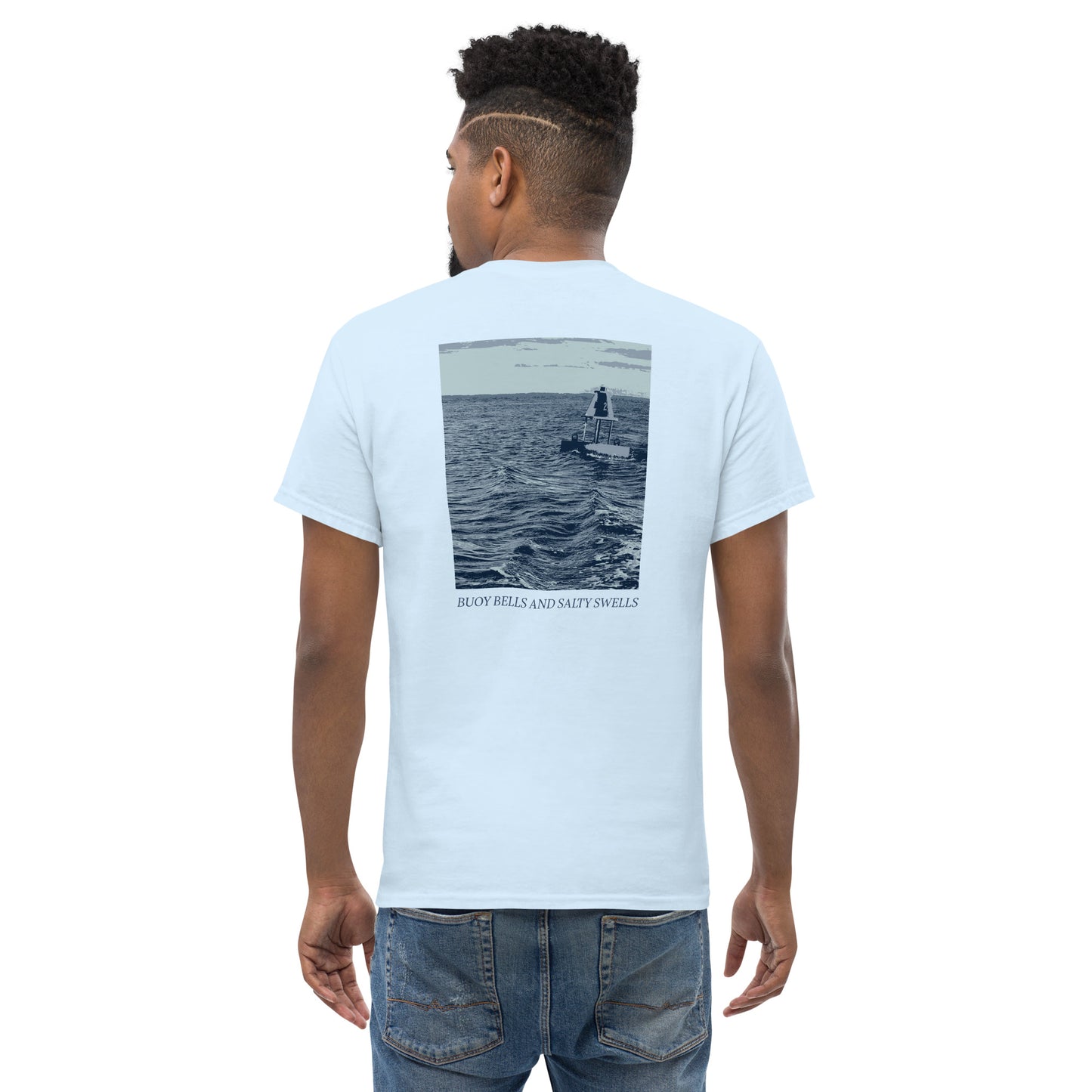 nautical clothing or coastal clothing of buoy and water in a monochromatic blue scene. photo-turned-design.