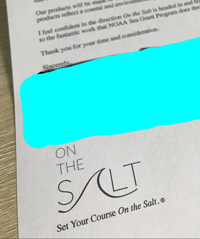 Early letter in the development of On the Salt, demonstrating use of our first logo, the Salty Wave.